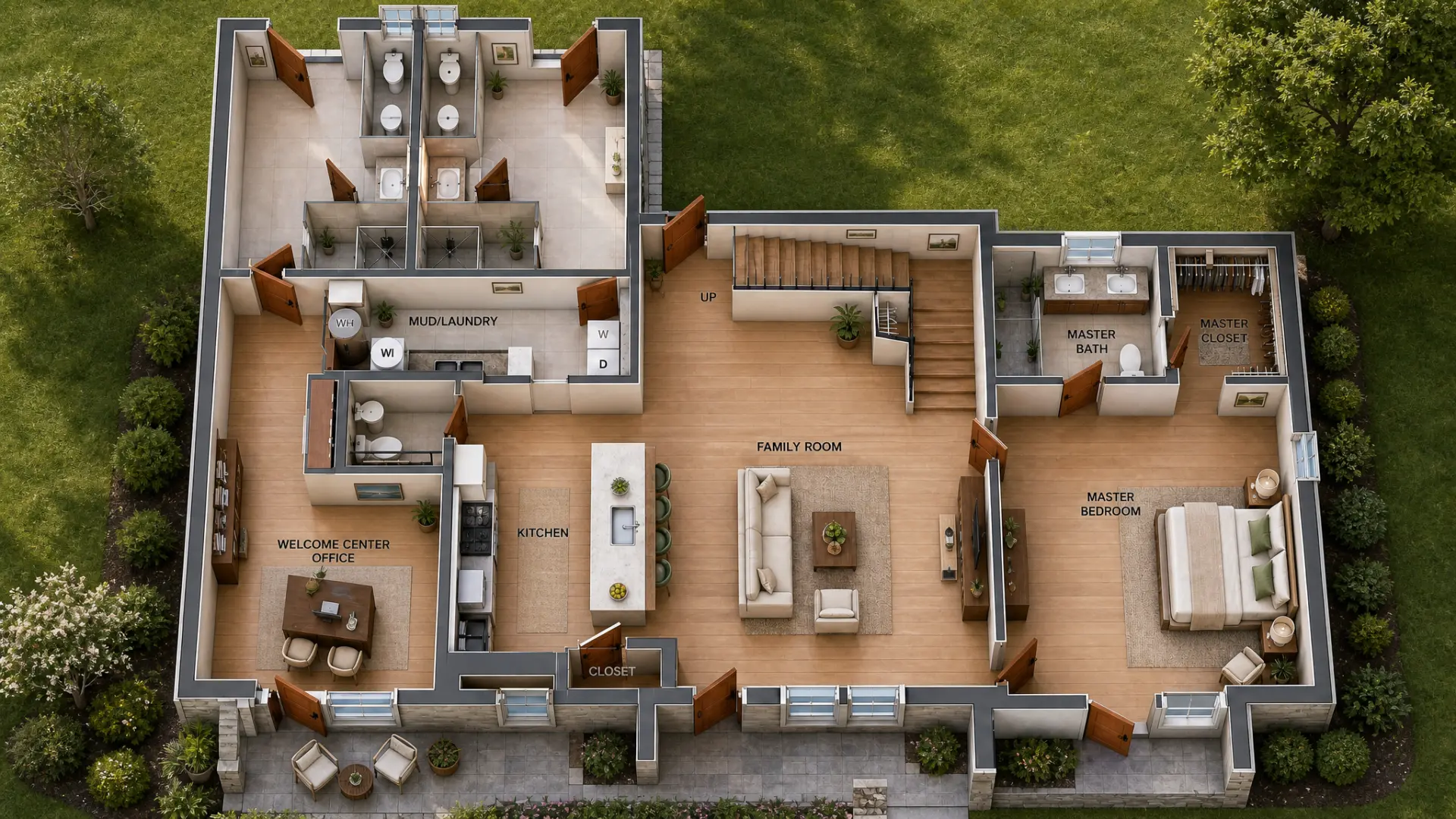 Three-dimensional cutaway dollhouse rendering of the entire Welcome Center layout