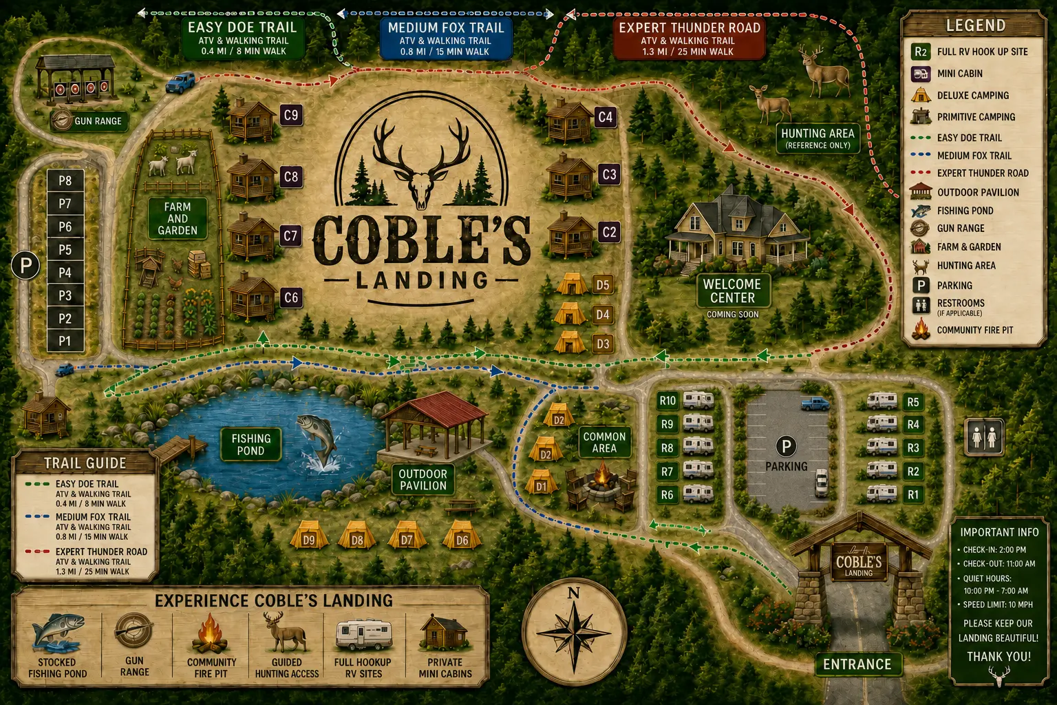 Illustrated site map of Cobles Landing showing RV sites R1–R10, deluxe camping sites D1–D9, mini cabins C2–C9, fishing pond, outdoor pavilion, farm and garden, dual-use ATV and walking trails, future hunting area and parking
