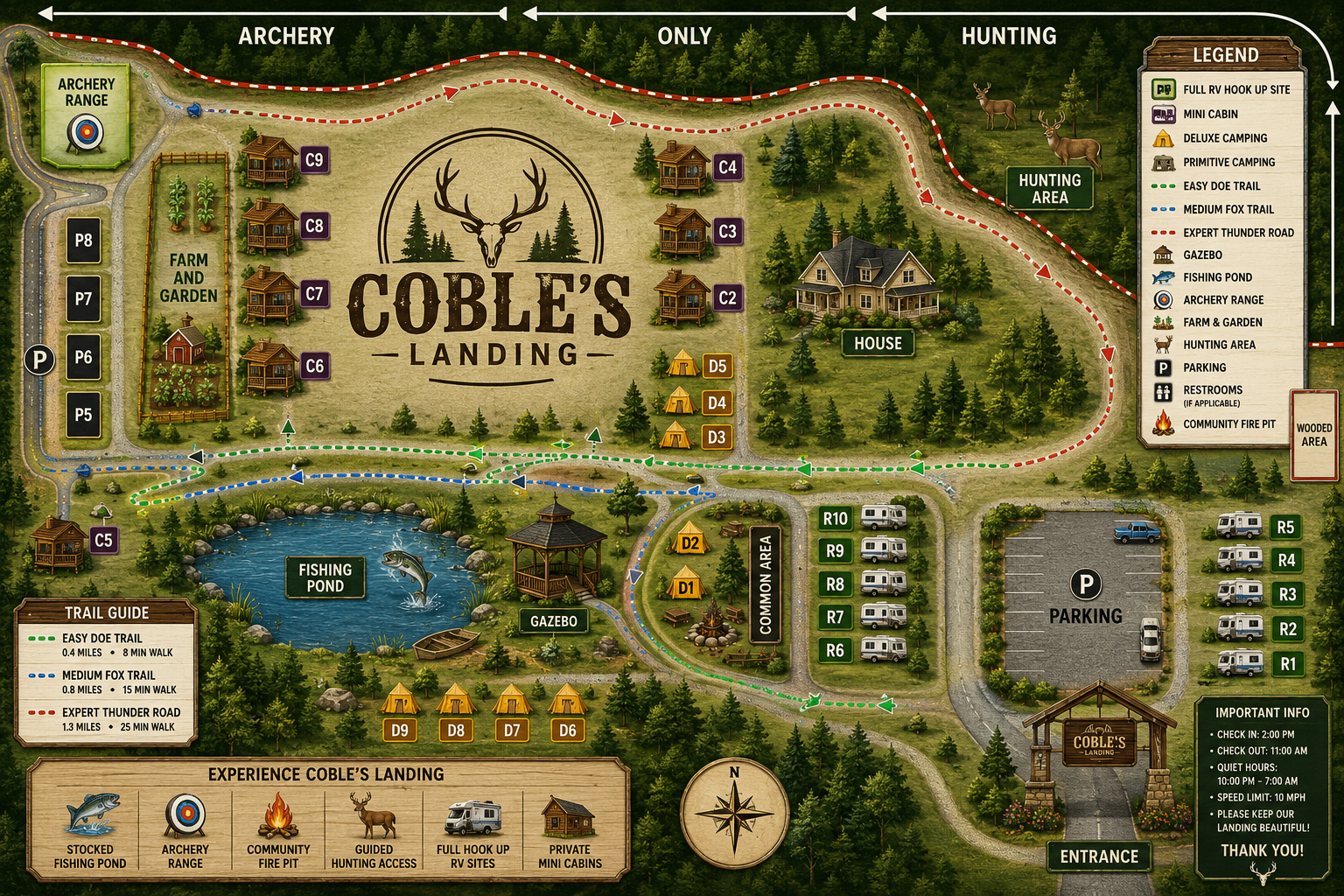 Illustrated aerial map of Cobles Landing showing cabins, RV sites, fishing pond, archery range, hunting area and trails