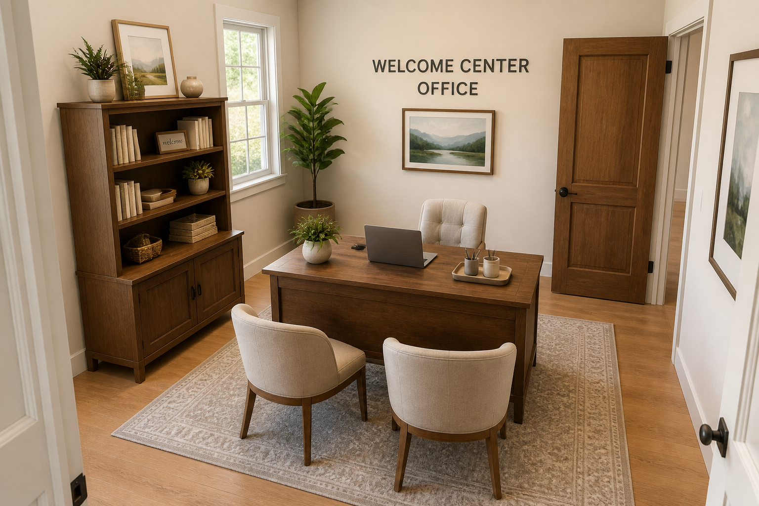 Concept rendering of the Welcome Center office with a wooden desk and bookshelves