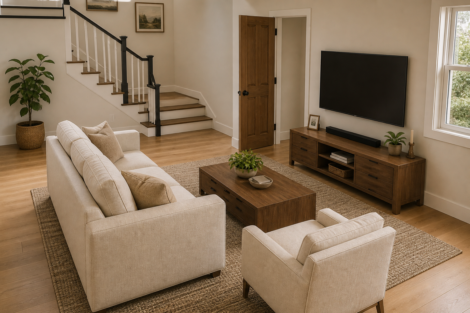 Concept rendering of the family room with a sofa and wooden coffee table