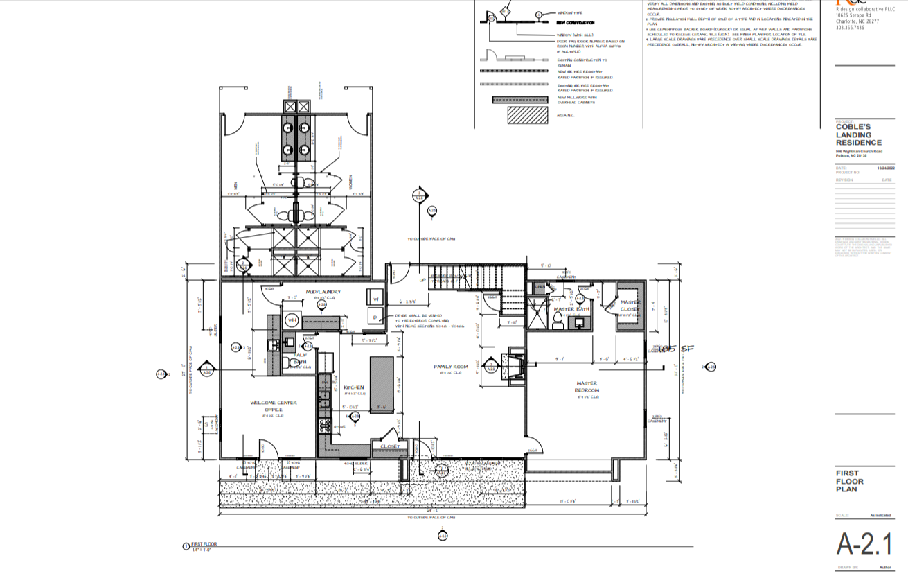 Official first floor architectural plan for Cobles Landing Residence by K Design Collaborative PLLC, sheet A-2.1