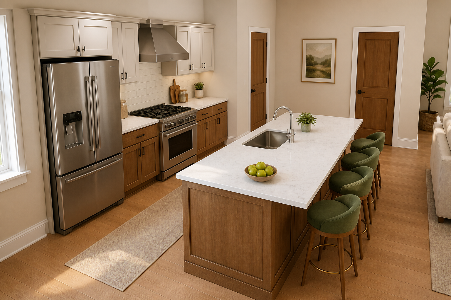 Concept rendering of the kitchen with a large island and stainless appliances