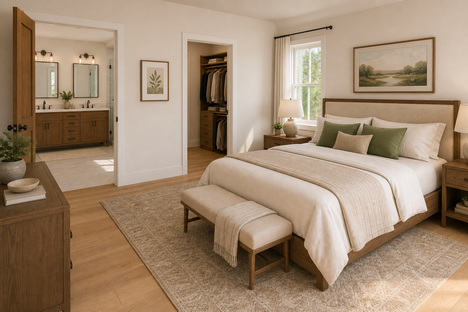 Concept rendering of a master bedroom suite with adjoining bath and walk-in closet